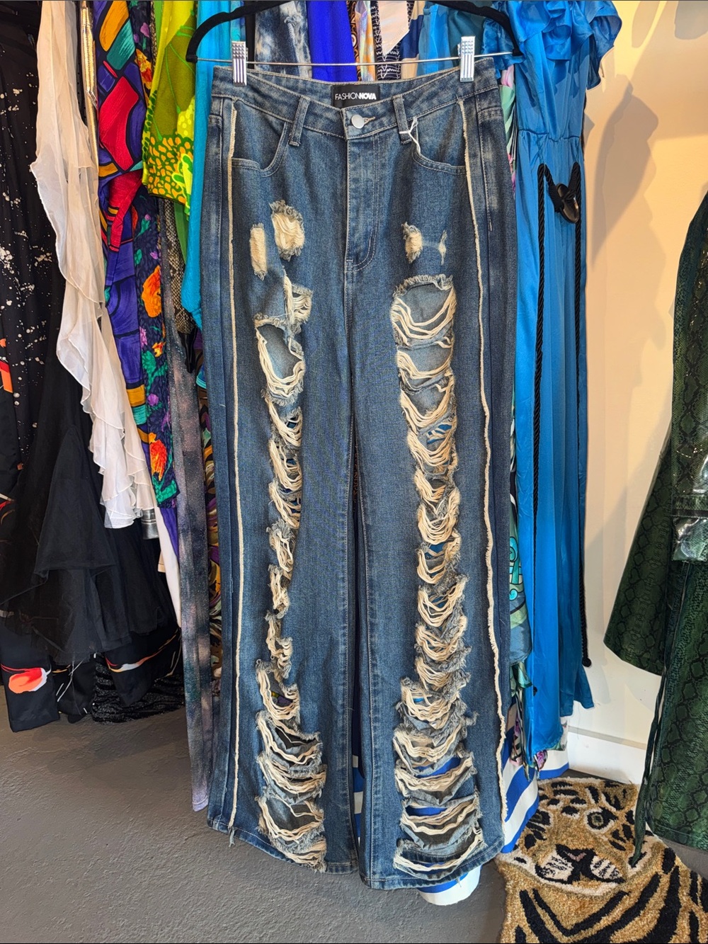 Fashion Nova Distressed Wide-Leg Jeans in Dark Blue with Heavy Fray